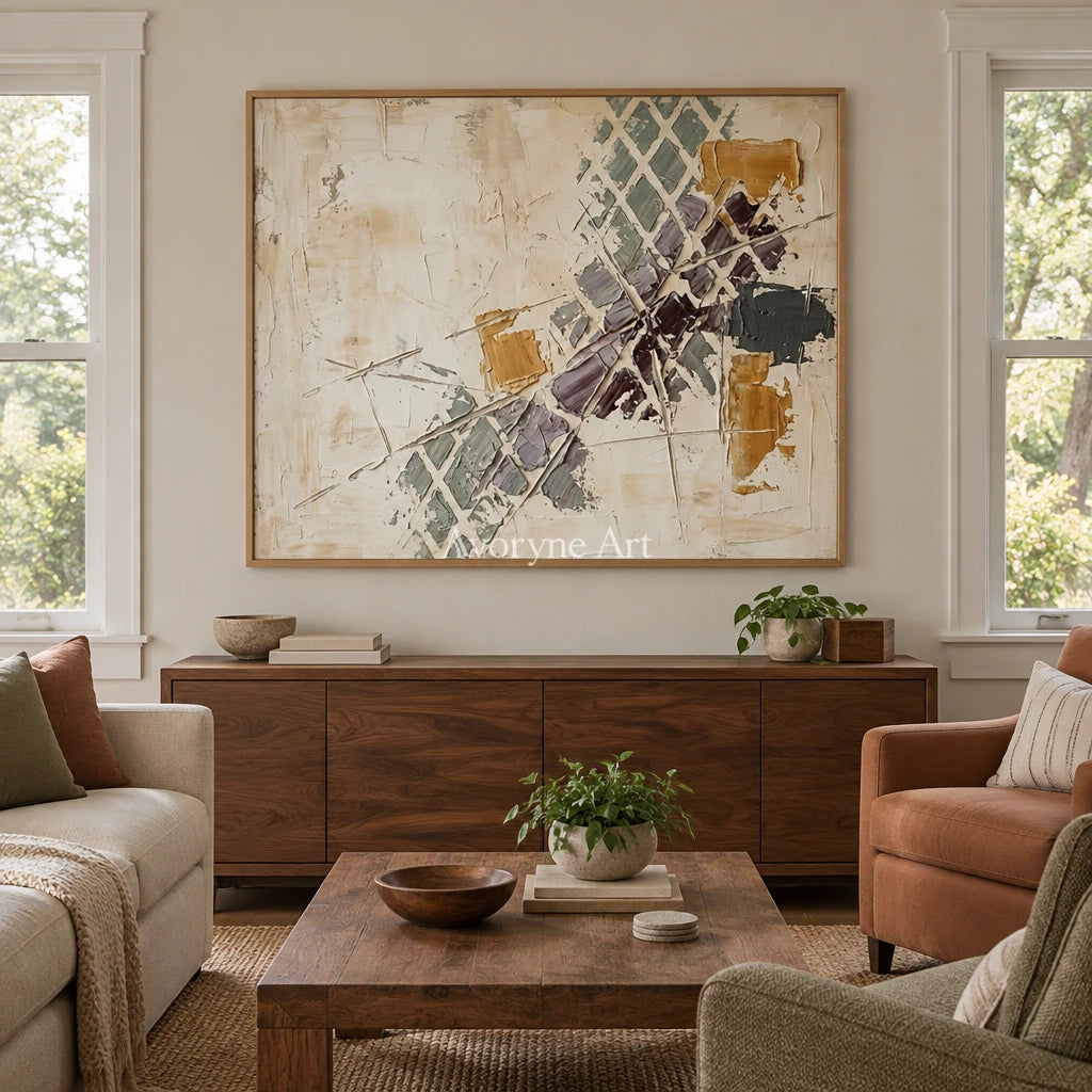 Earthen Gesture earth grid texture wall art with a wood frame in a villa living space