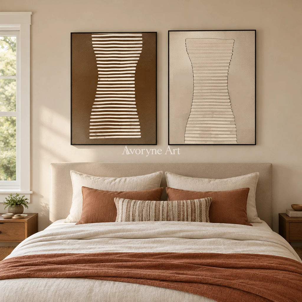 Muted Haven earth grooved curves diptych with a black frame above a bed in a bedroom