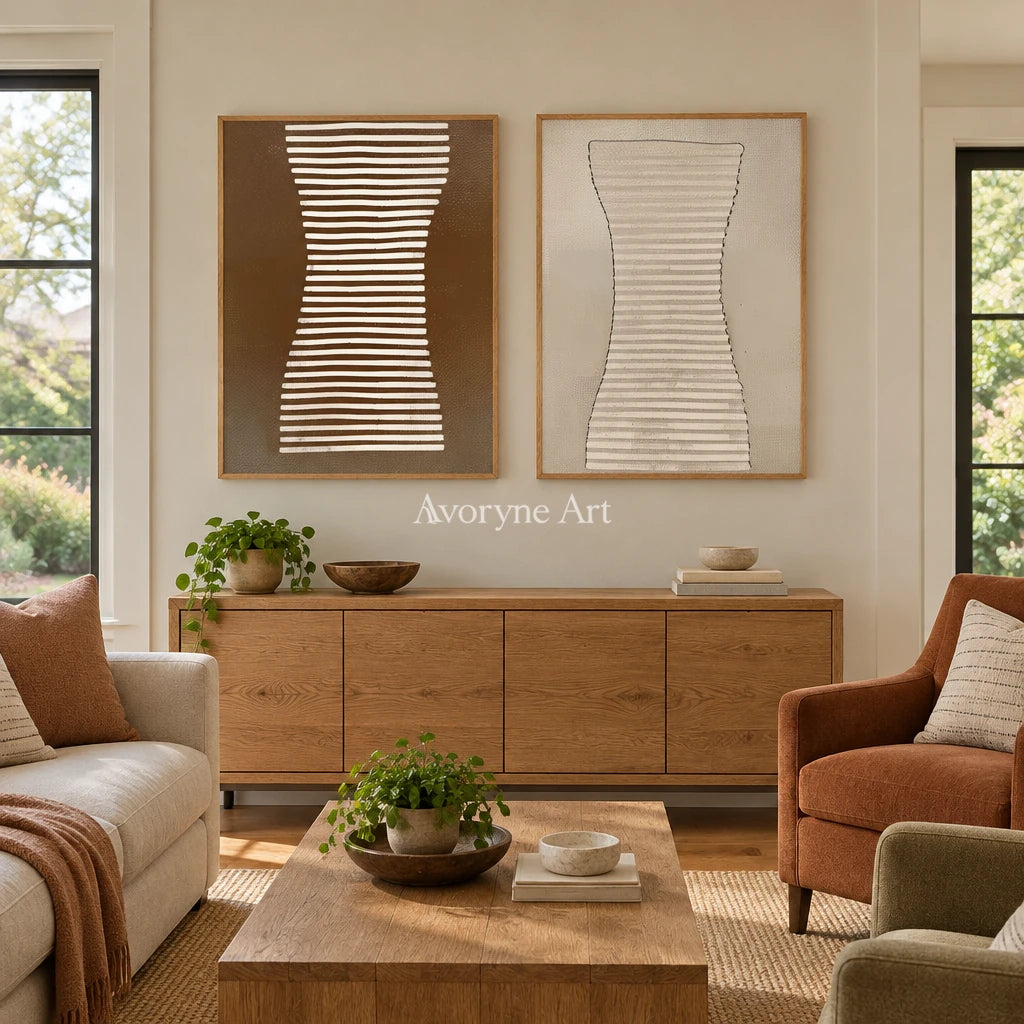 Muted Haven earth grooved curves diptych with a wood frame in a villa living space
