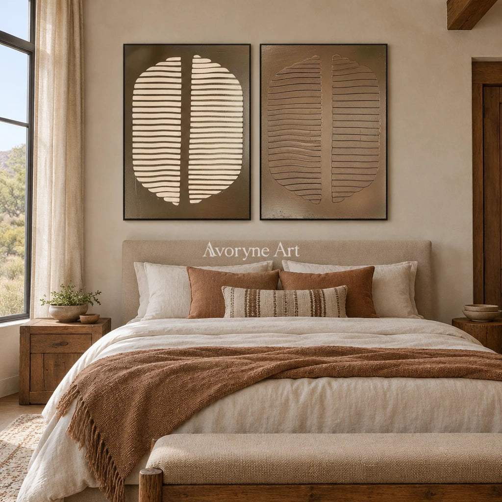 Muted Measure earth grooved curves diptych with a black frame above a bed in a bedroom