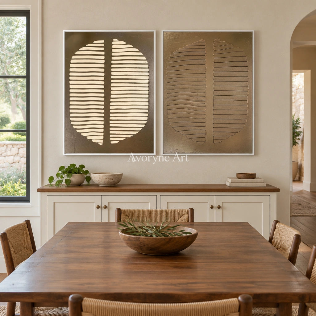 Muted Measure earth grooved curves diptych with a white frame in a dining room