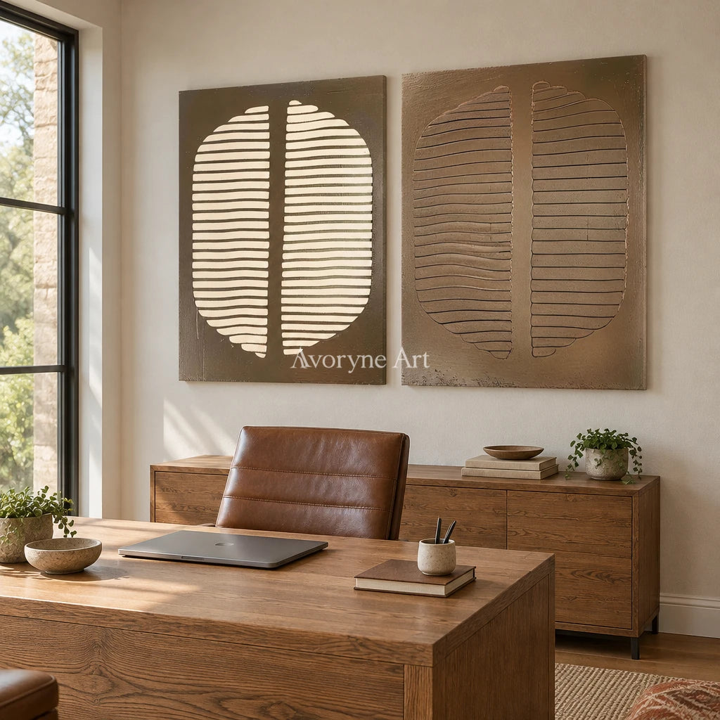Muted Measure earth grooved curves diptych as a frameless stretched canvas in a home office