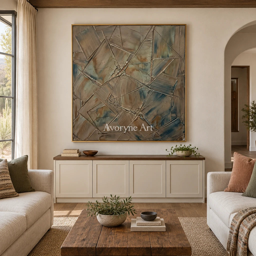 Mineral Sonata earth line abstract wall art with a gold frame hanging in a living room