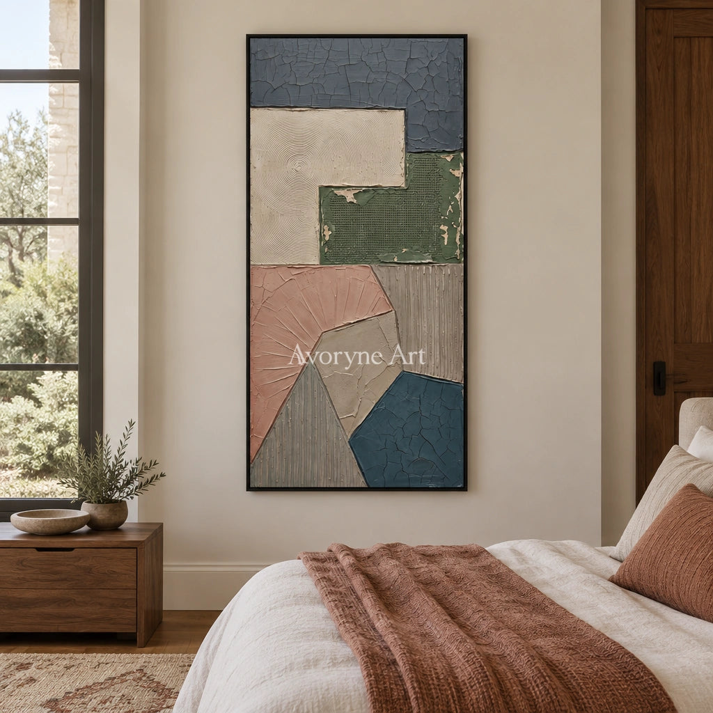 Mineral Interval earth patch texture wall art with a black frame above a bed in a bedroom