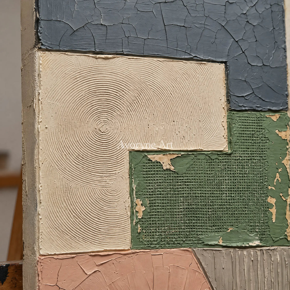 Close-up of the hand-painted texture of Mineral Interval earth patch texture wall art on an easel