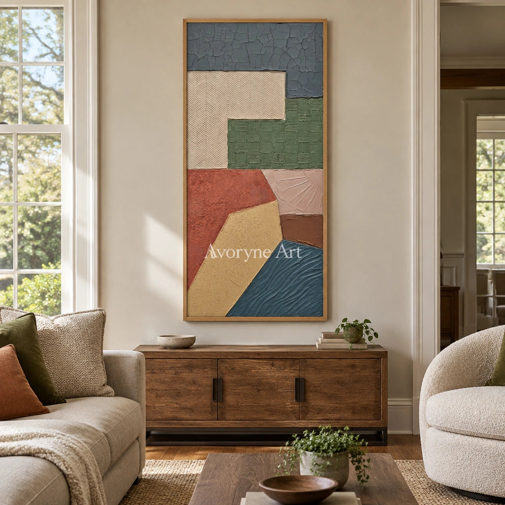 Mineral Current earth patch texture wall art with a wood frame in a villa living space
