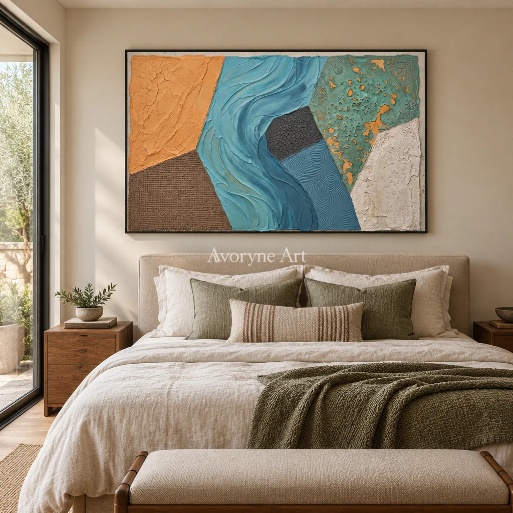 Mineral Mosaic earth patch texture wall art with a black frame above a bed in a bedroom