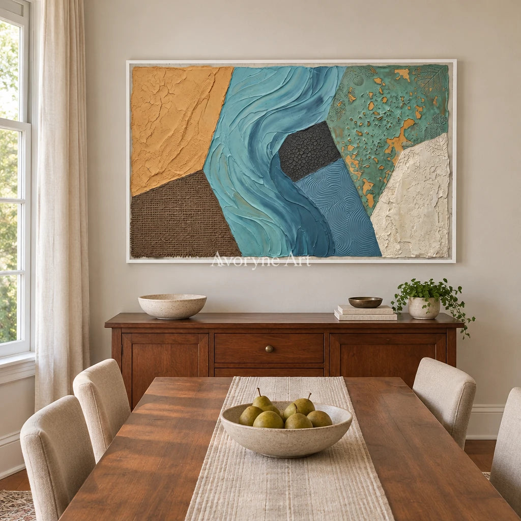 Mineral Mosaic earth patch texture wall art with a white frame in a dining room