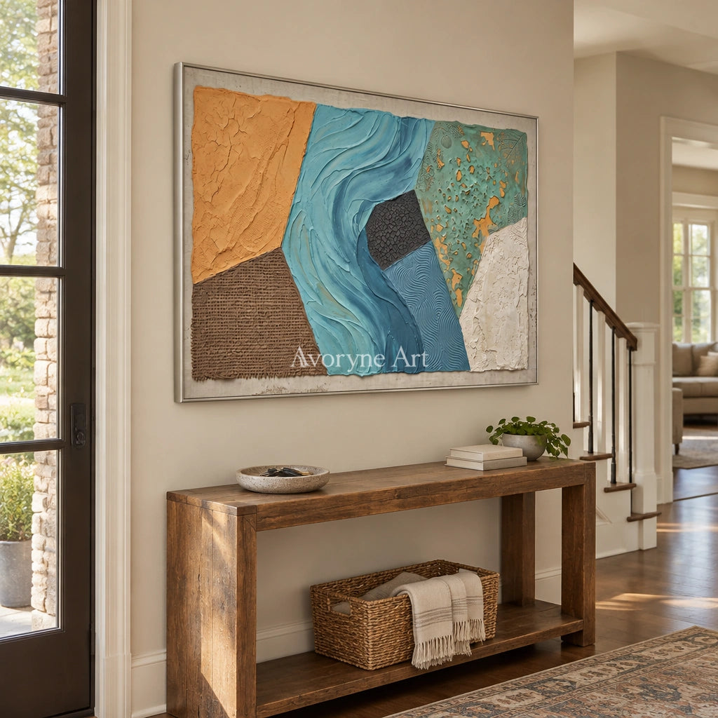 Mineral Mosaic earth patch texture wall art with a silver frame in an entryway
