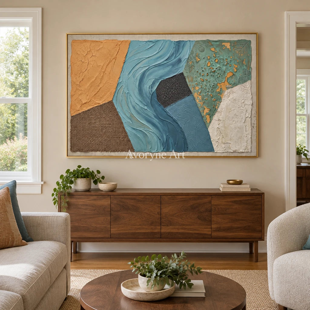 Mineral Mosaic earth patch texture wall art with a gold frame hanging in a living room