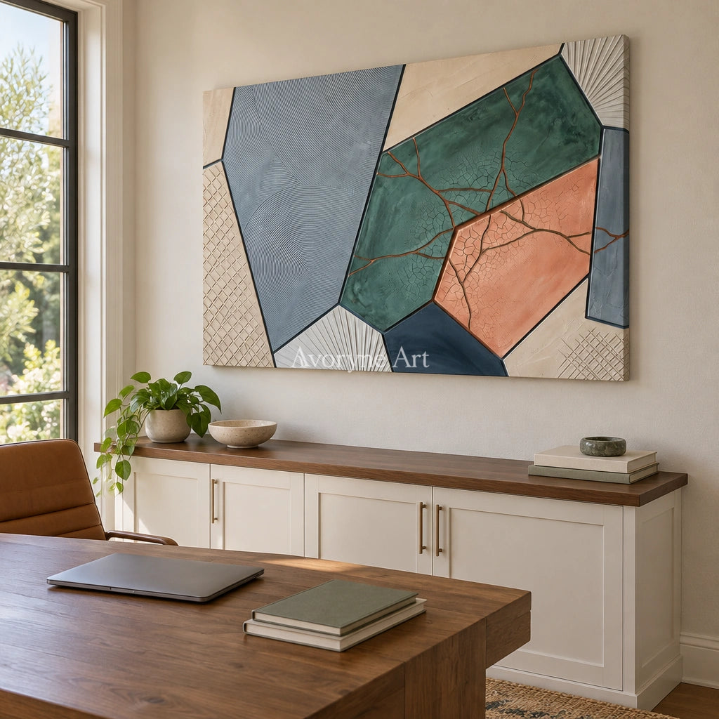 Still Refrain earth patch texture wall art as a frameless stretched canvas in a home office