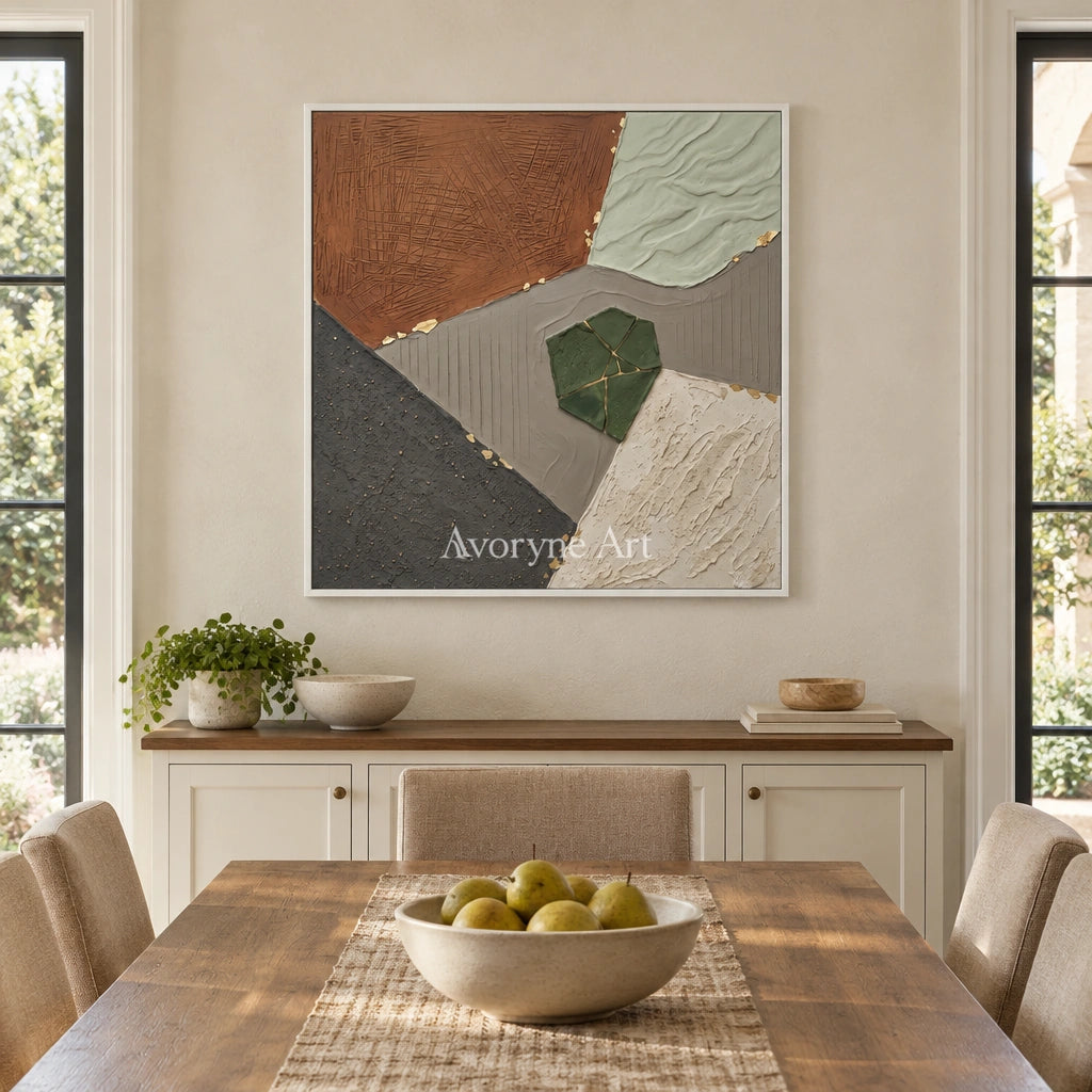 Still Measure earth patch texture wall art with a white frame in a dining room