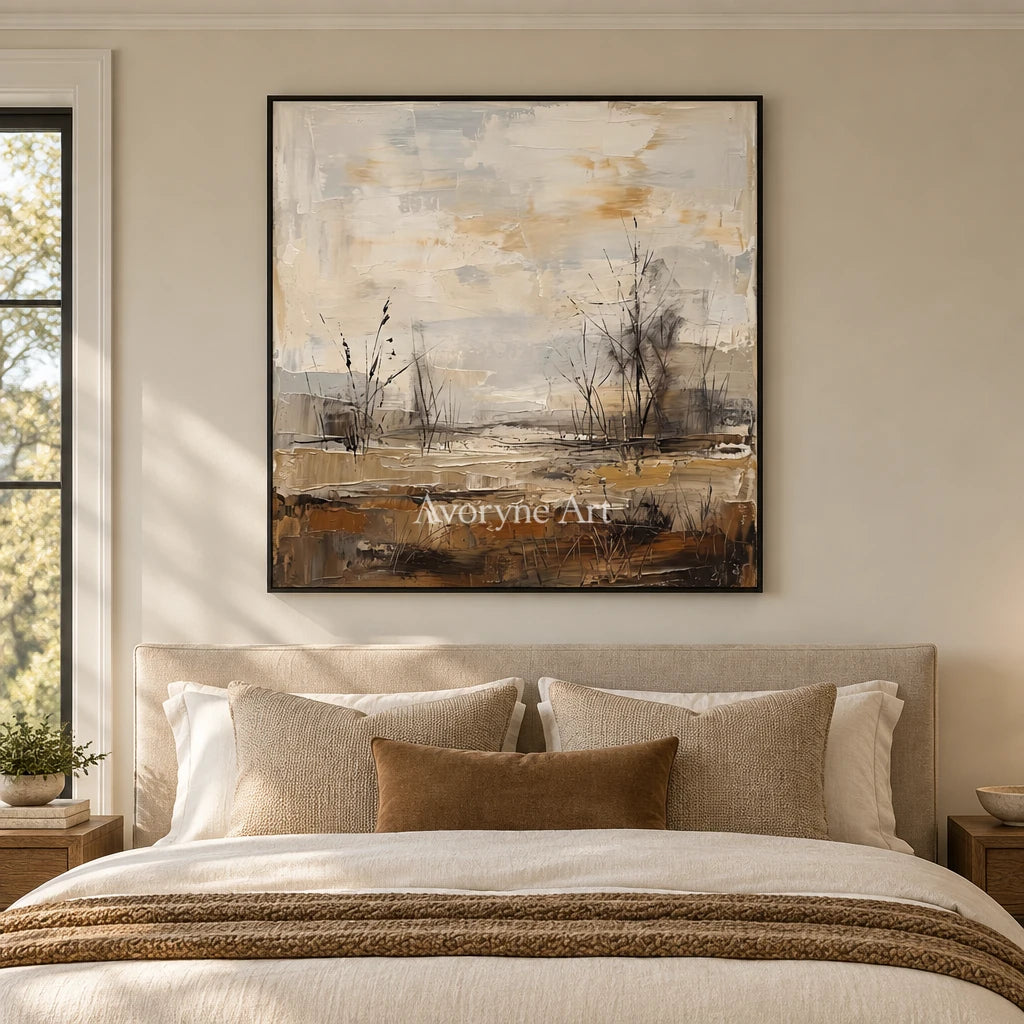 Bright Mosaic earth tone landscape wall art with a black frame above a bed in a bedroom