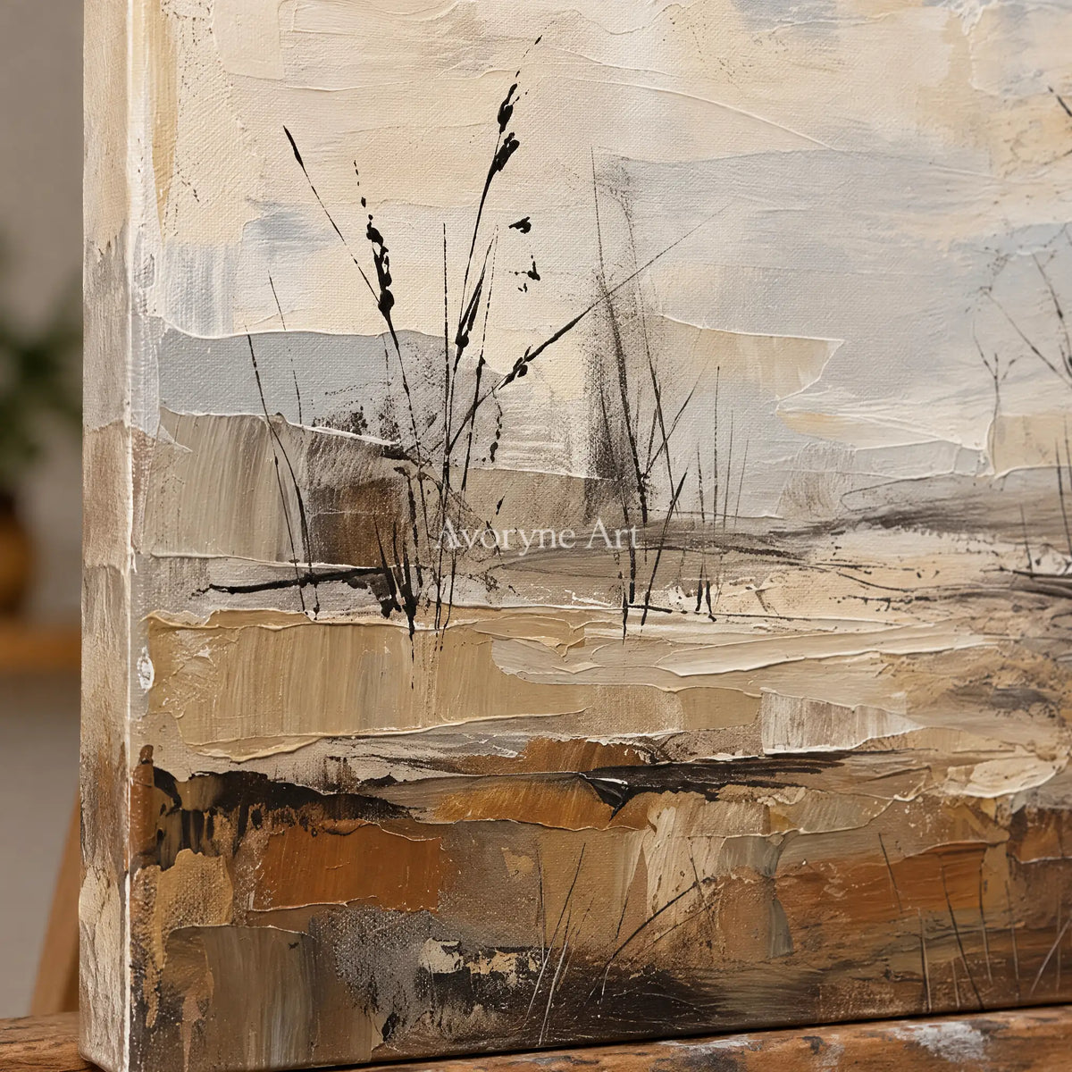 Close-up of the hand-painted texture of Bright Mosaic earth tone landscape wall art on an easel