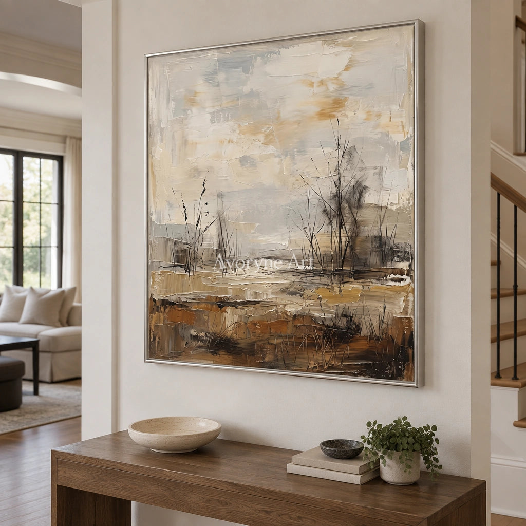 Bright Mosaic earth tone landscape wall art with a silver frame in an entryway