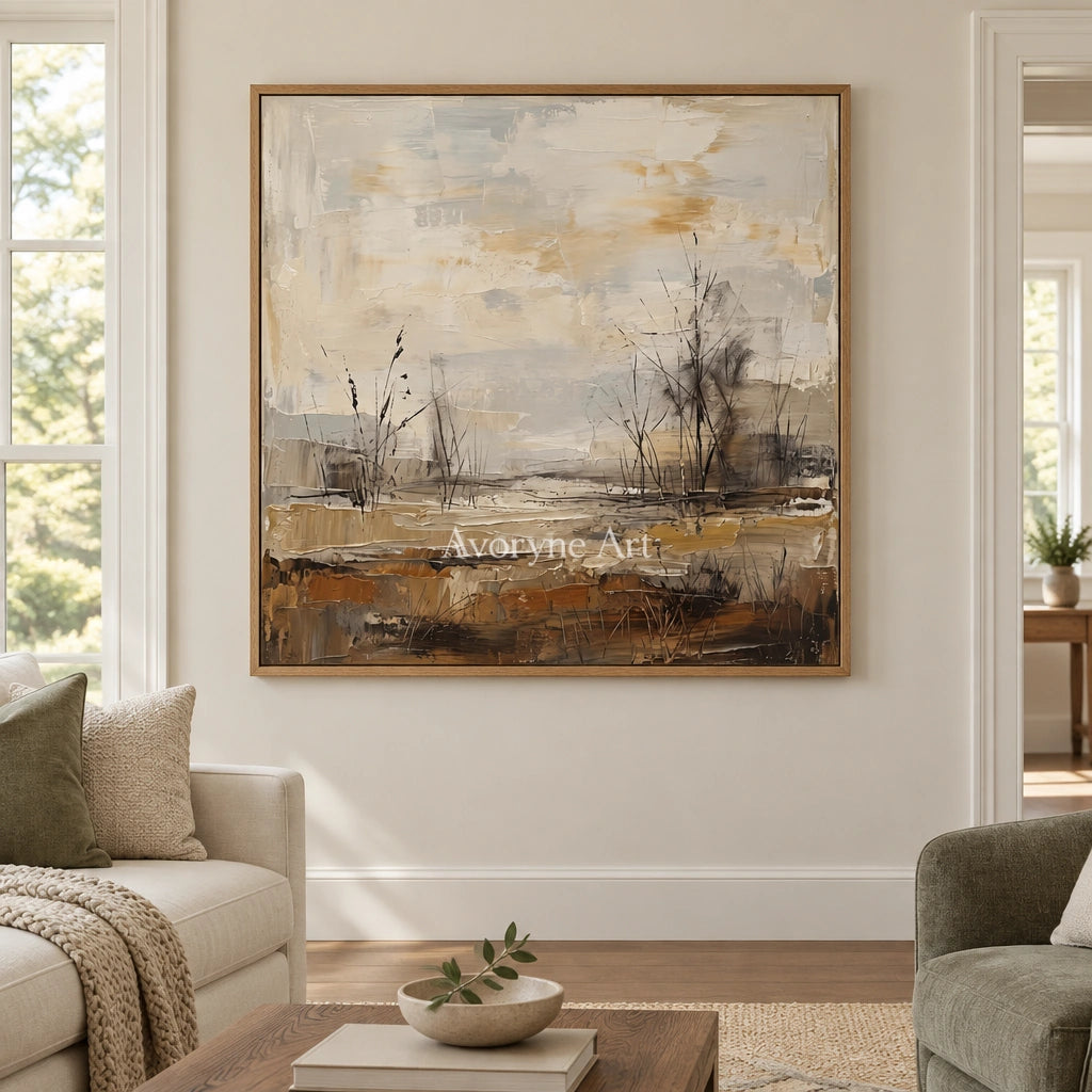 Bright Mosaic earth tone landscape wall art with a wood frame in a villa living space