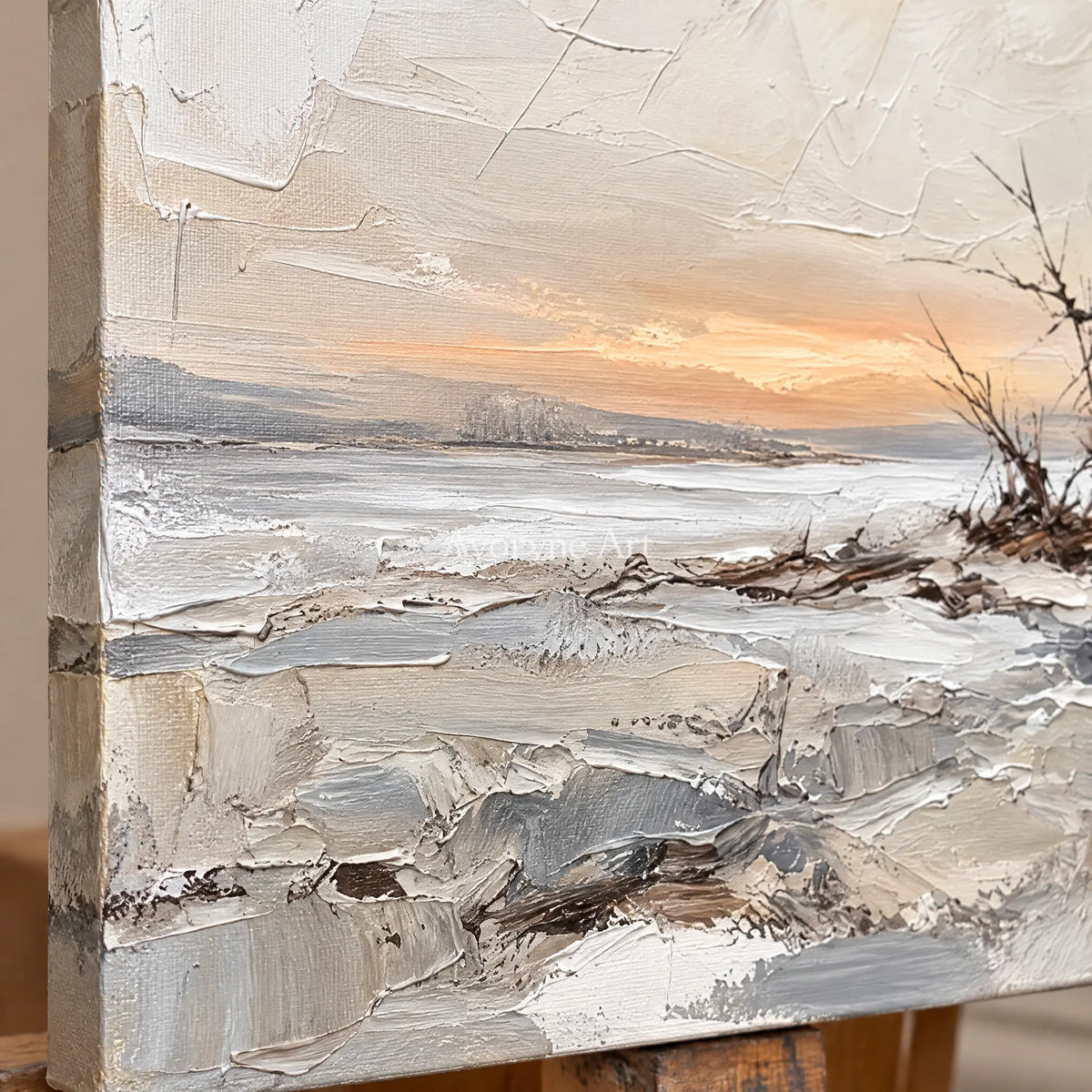Close-up of the hand-painted texture of Bright Drift earth tone landscape wall art on an easel