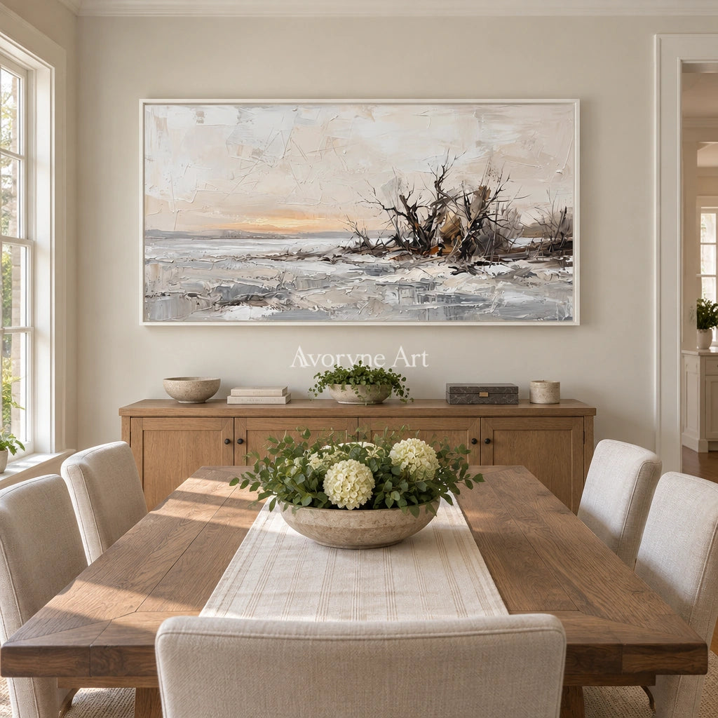 Bright Drift earth tone landscape wall art with a white frame in a dining room