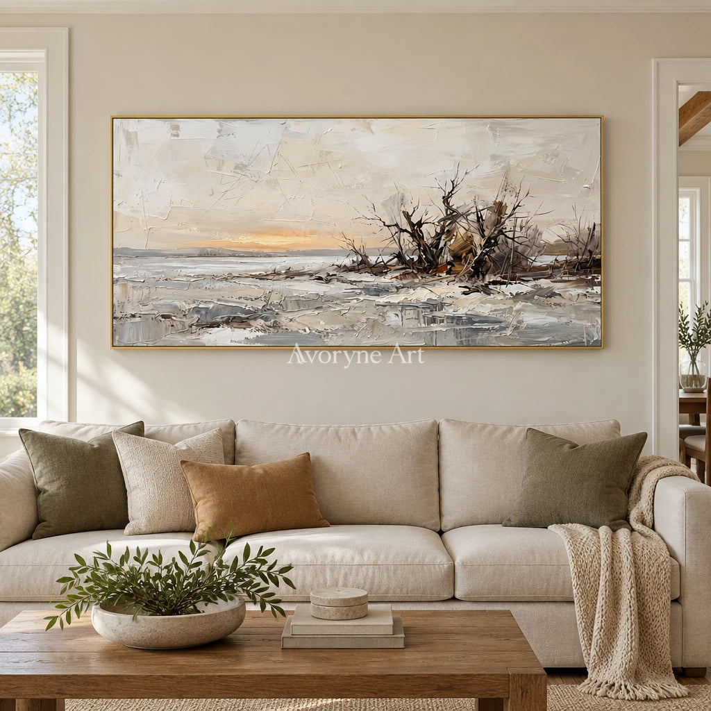 Bright Drift earth tone landscape wall art with a gold frame hanging in a living room