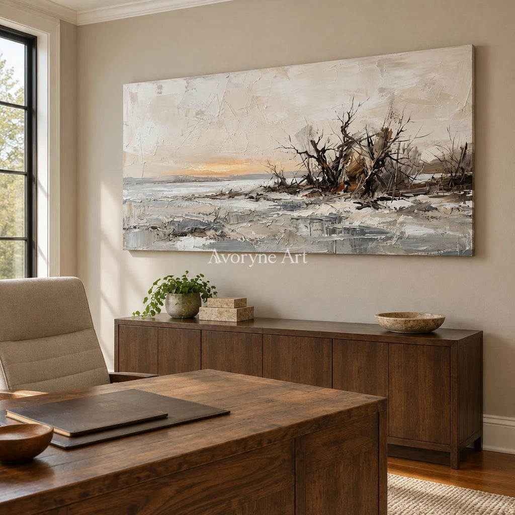 Bright Drift earth tone landscape wall art as a frameless stretched canvas in a home office