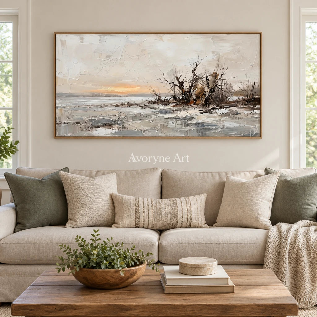 Bright Drift earth tone landscape wall art with a wood frame in a villa living space