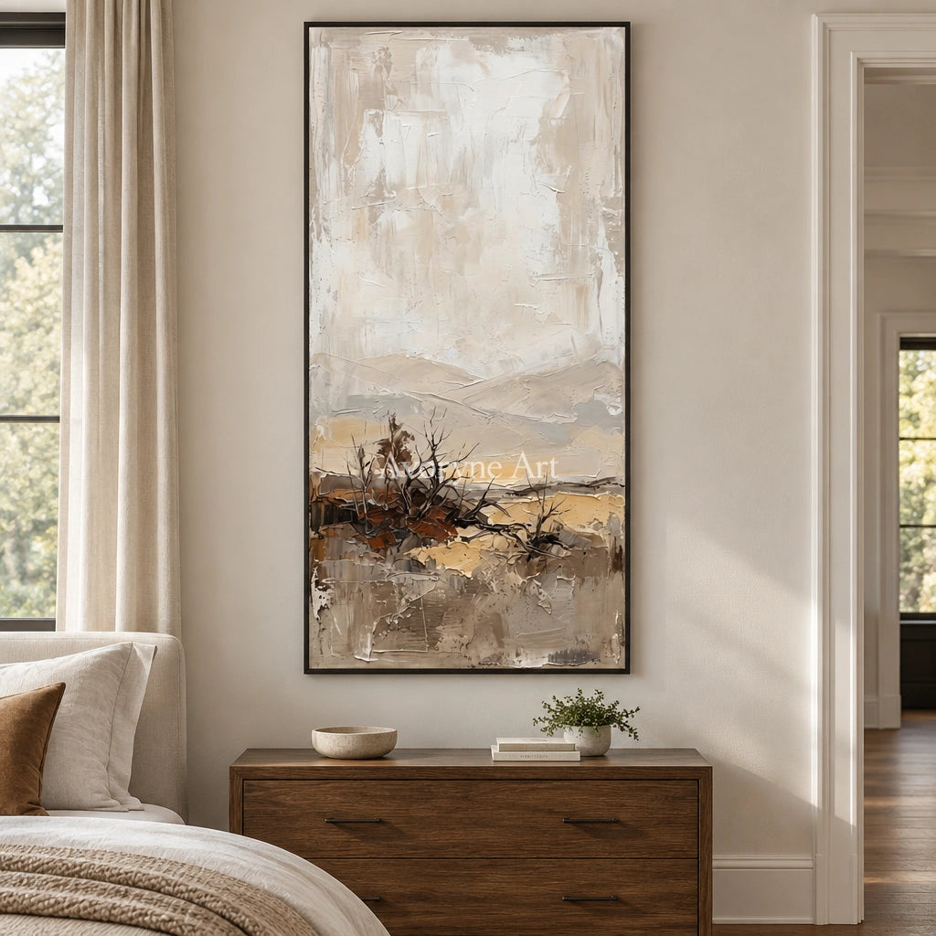 Bright Verse earth tone landscape wall art with a black frame above a bed in a bedroom