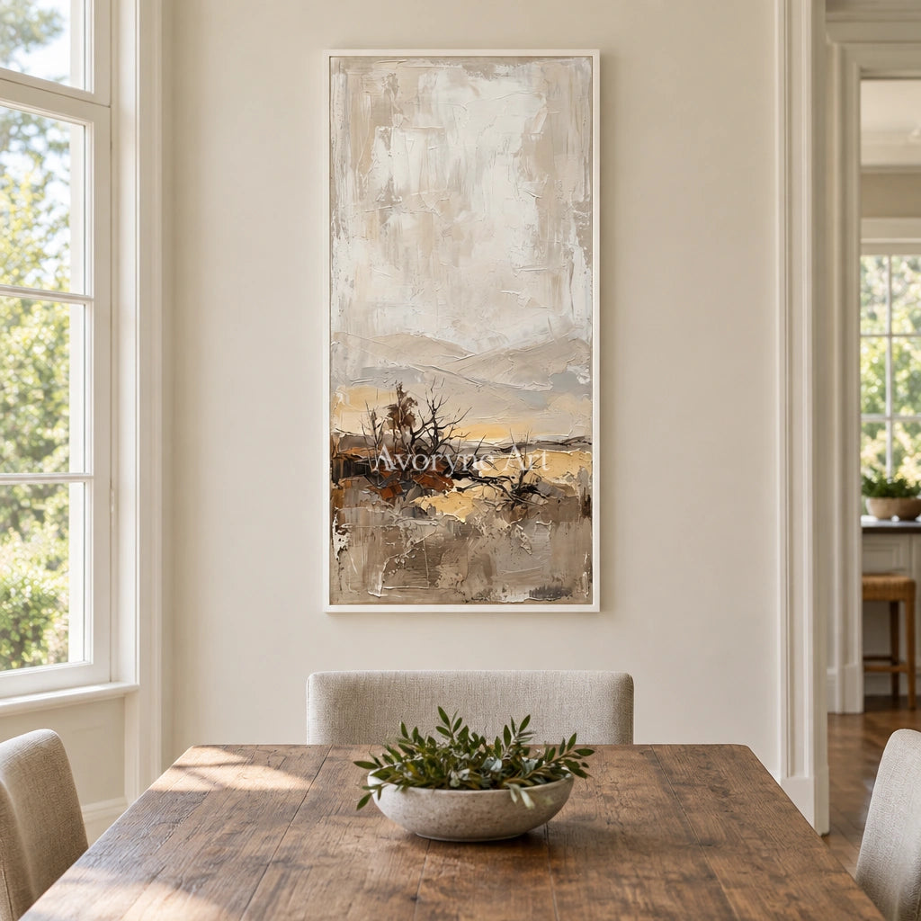 Bright Verse earth tone landscape wall art with a white frame in a dining room