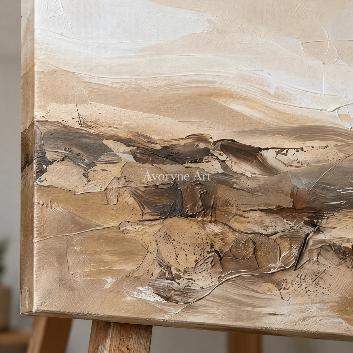 Close-up of the hand-painted texture of Bright Story earth tone landscape wall art on an easel
