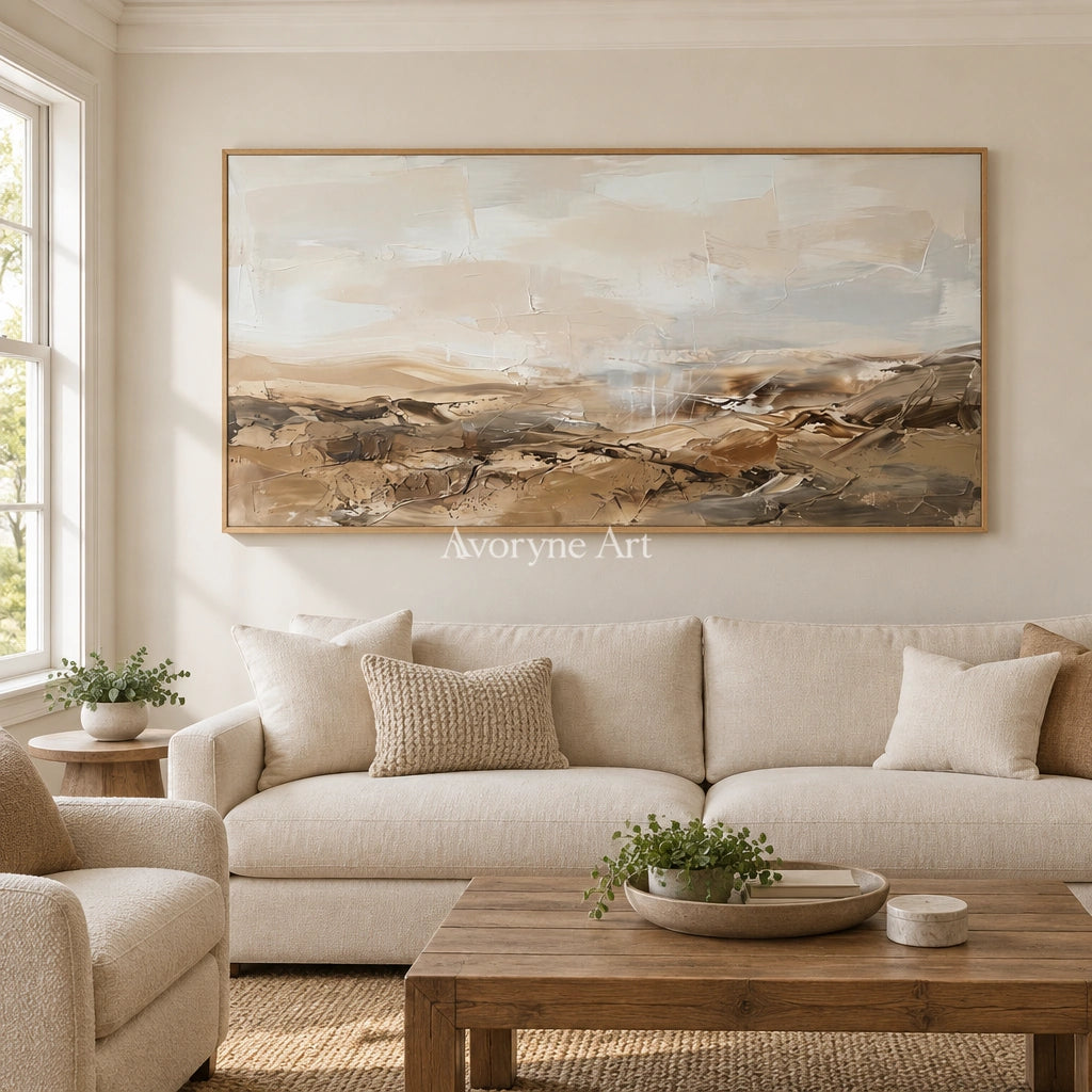 Bright Story earth tone landscape wall art with a wood frame in a villa living space