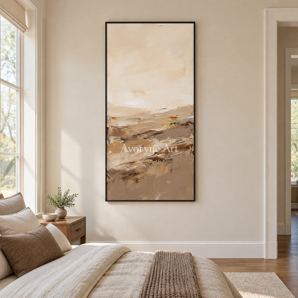 Bright Vista earth tone landscape wall art with a black frame above a bed in a bedroom