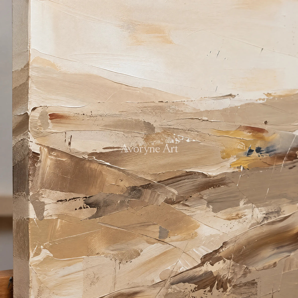 Close-up of the hand-painted texture of Bright Vista earth tone landscape wall art on an easel