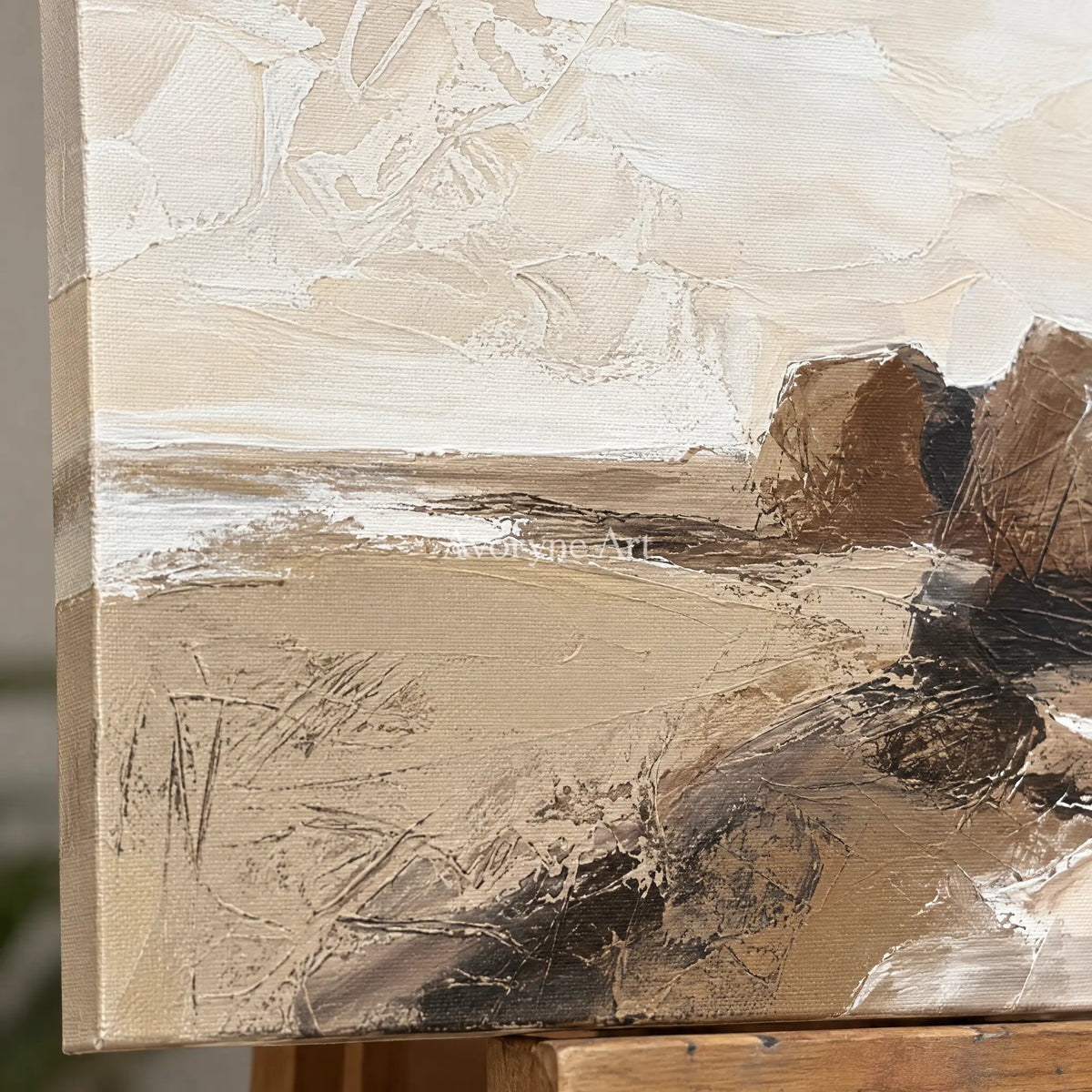 Close-up of the hand-painted texture of Bright Solace earth tone landscape wall art on an easel