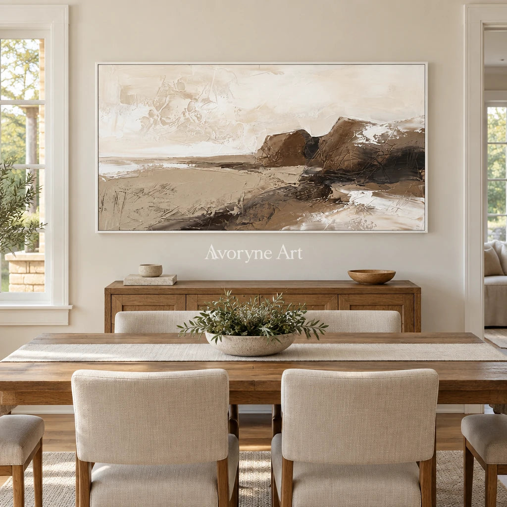 Bright Solace earth tone landscape wall art with a white frame in a dining room