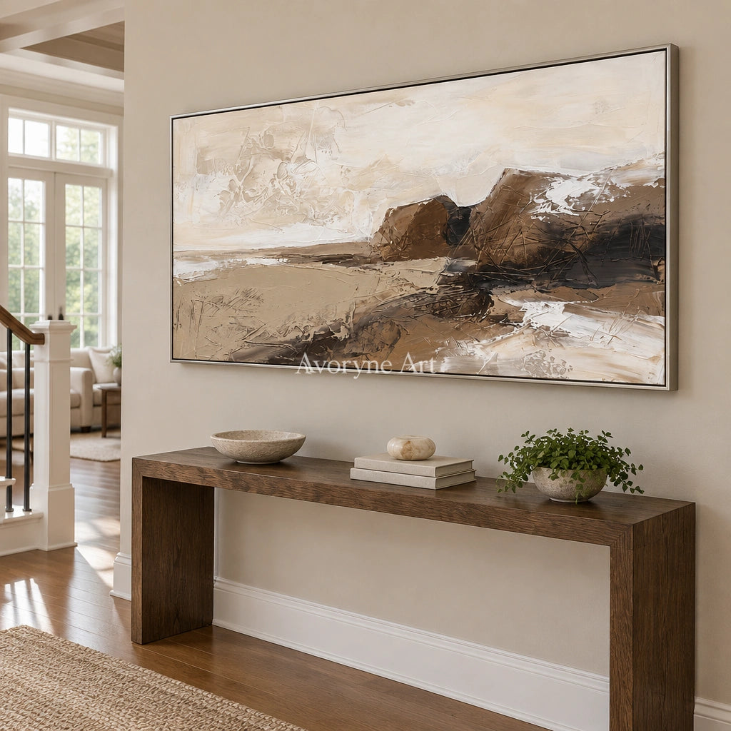 Bright Solace earth tone landscape wall art with a silver frame in an entryway