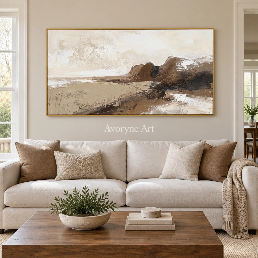Bright Solace earth tone landscape wall art with a gold frame hanging in a living room