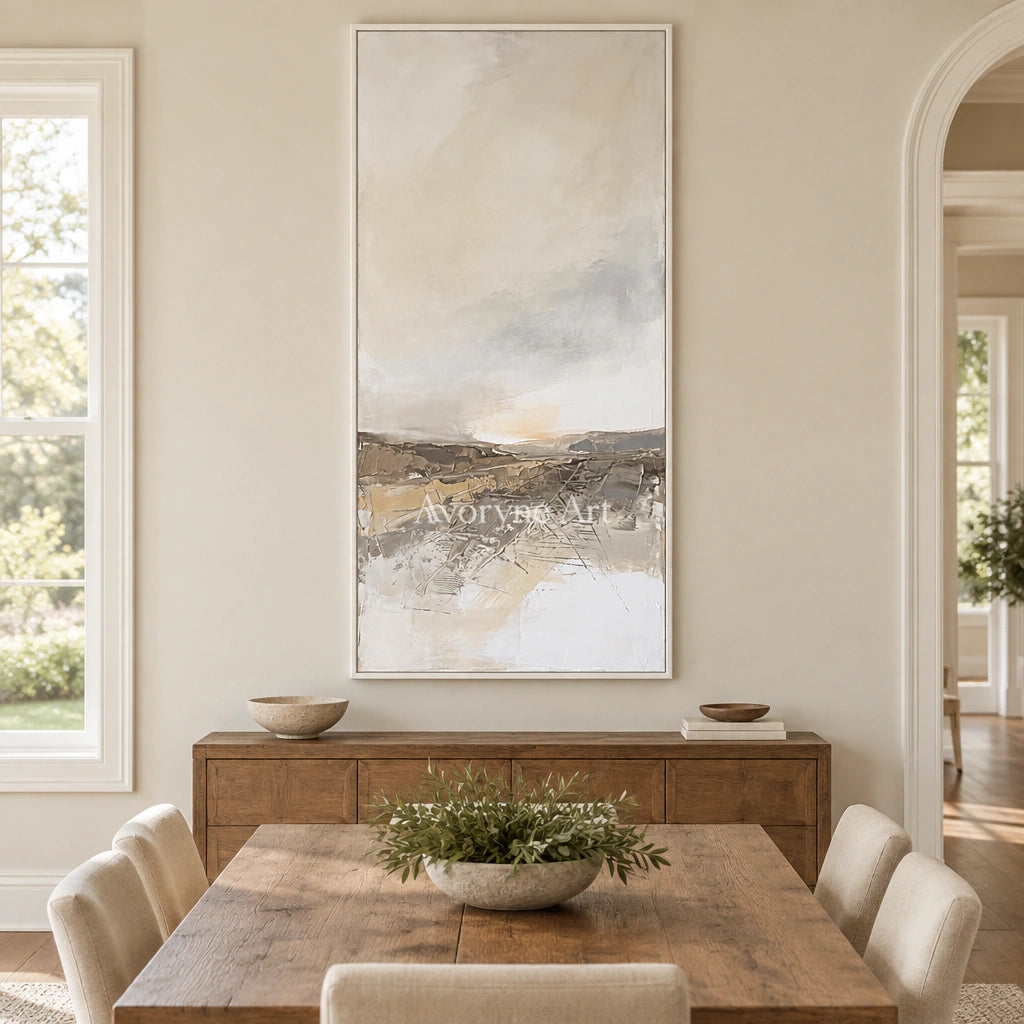 Bright Reverberation earth tone landscape wall art with a white frame in a dining room
