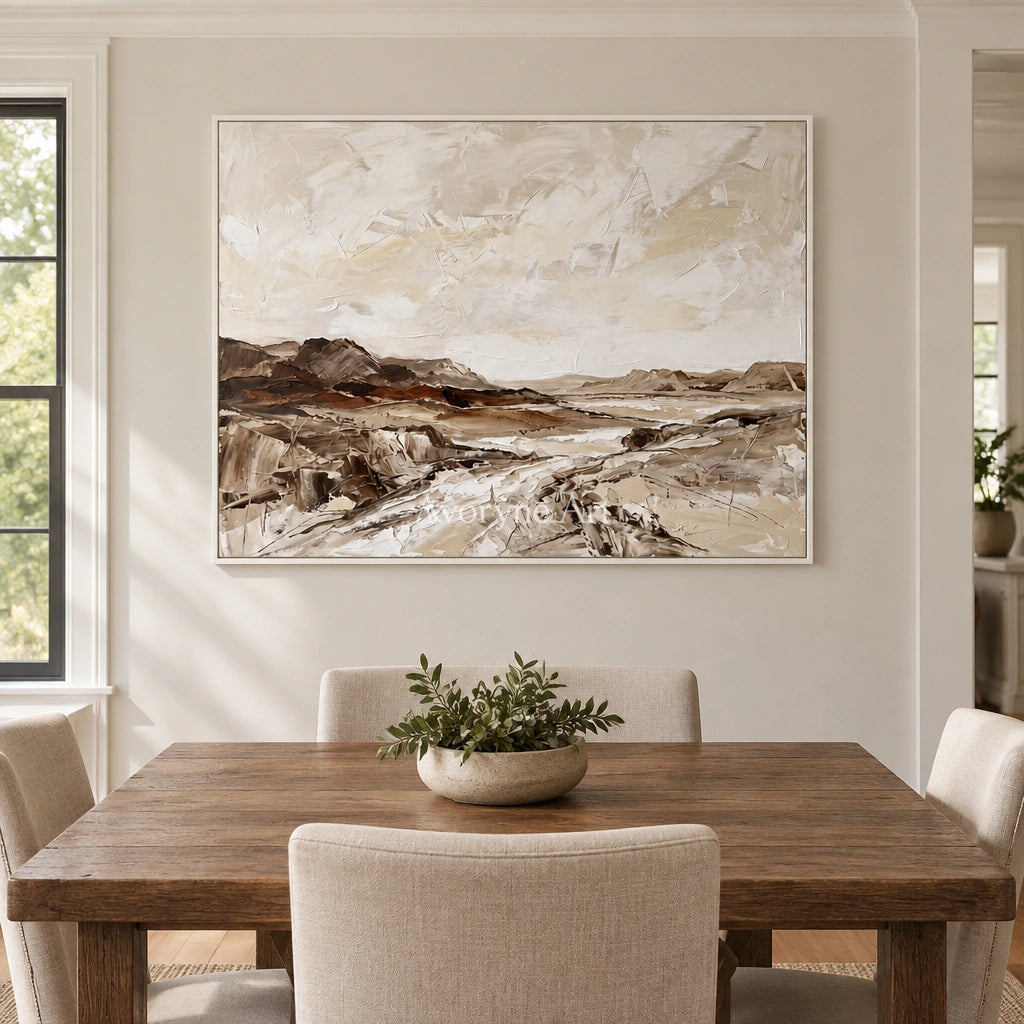 Winding Cadence earth tone landscape wall art with a white frame in a dining room