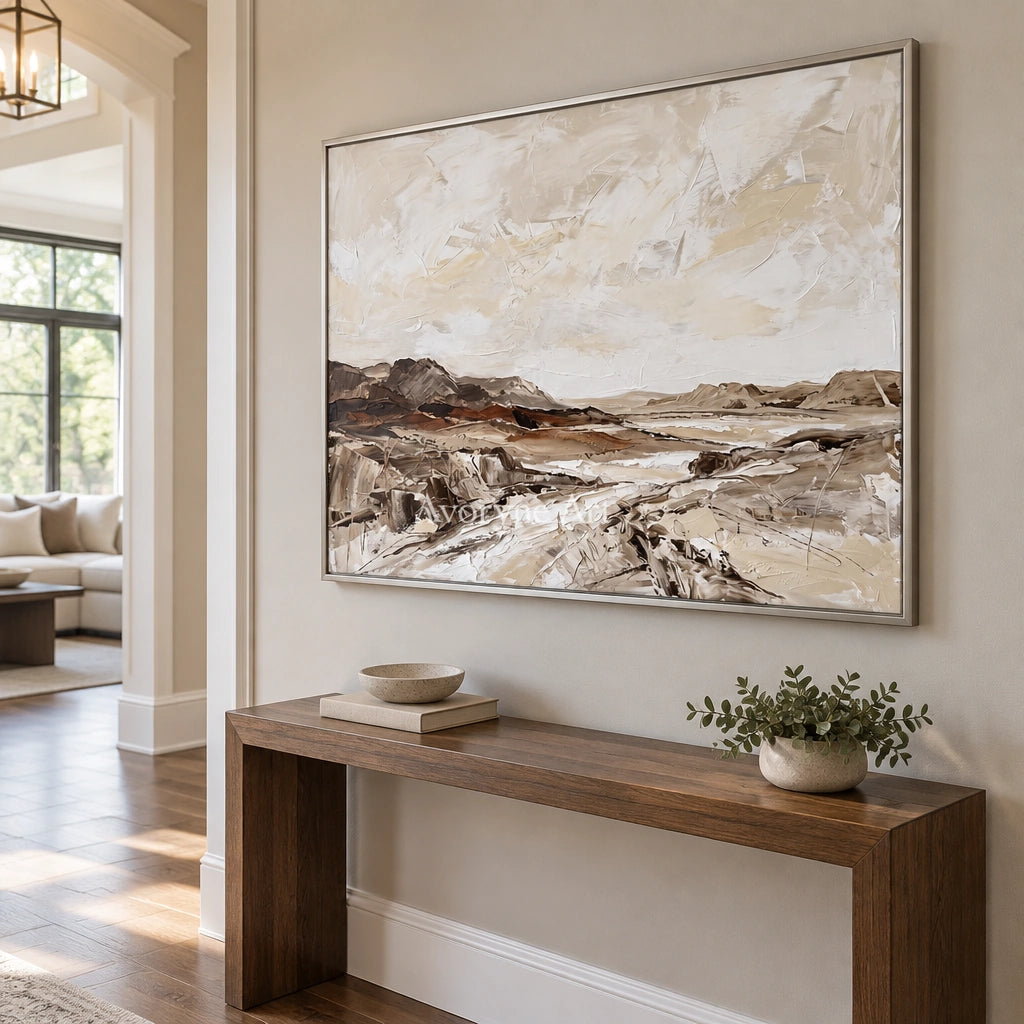 Winding Cadence earth tone landscape wall art with a silver frame in an entryway