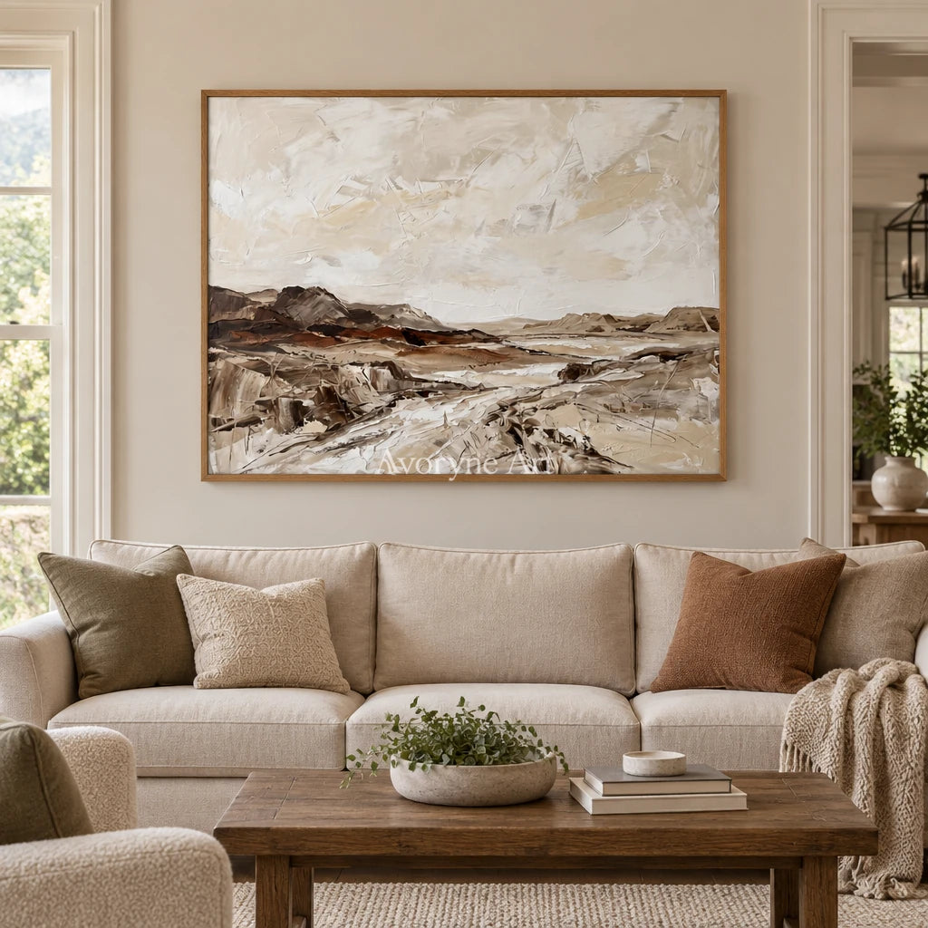 Winding Cadence earth tone landscape wall art with a wood frame in a villa living space