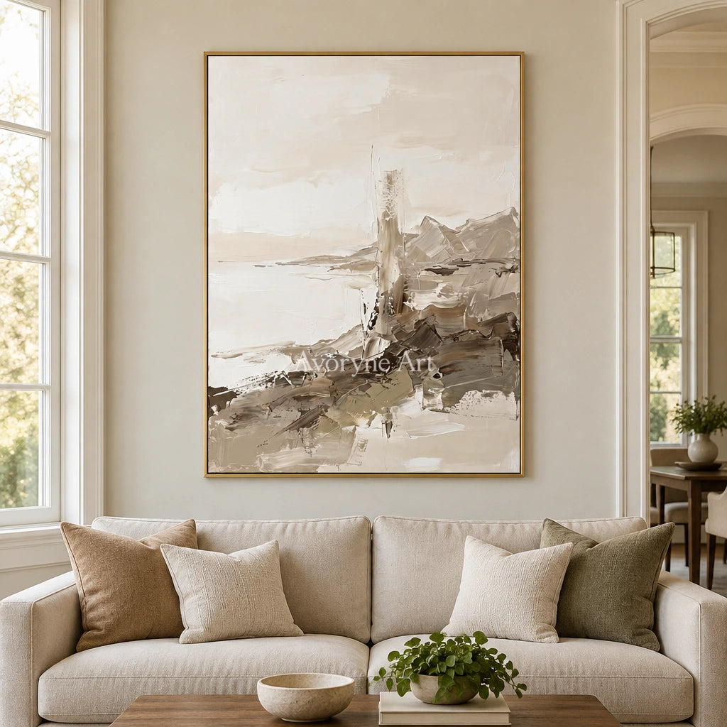 Winding Passage earth tone landscape wall art with a gold frame hanging in a living room