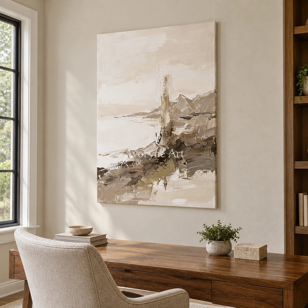 Winding Passage earth tone landscape wall art as a frameless stretched canvas in a home office