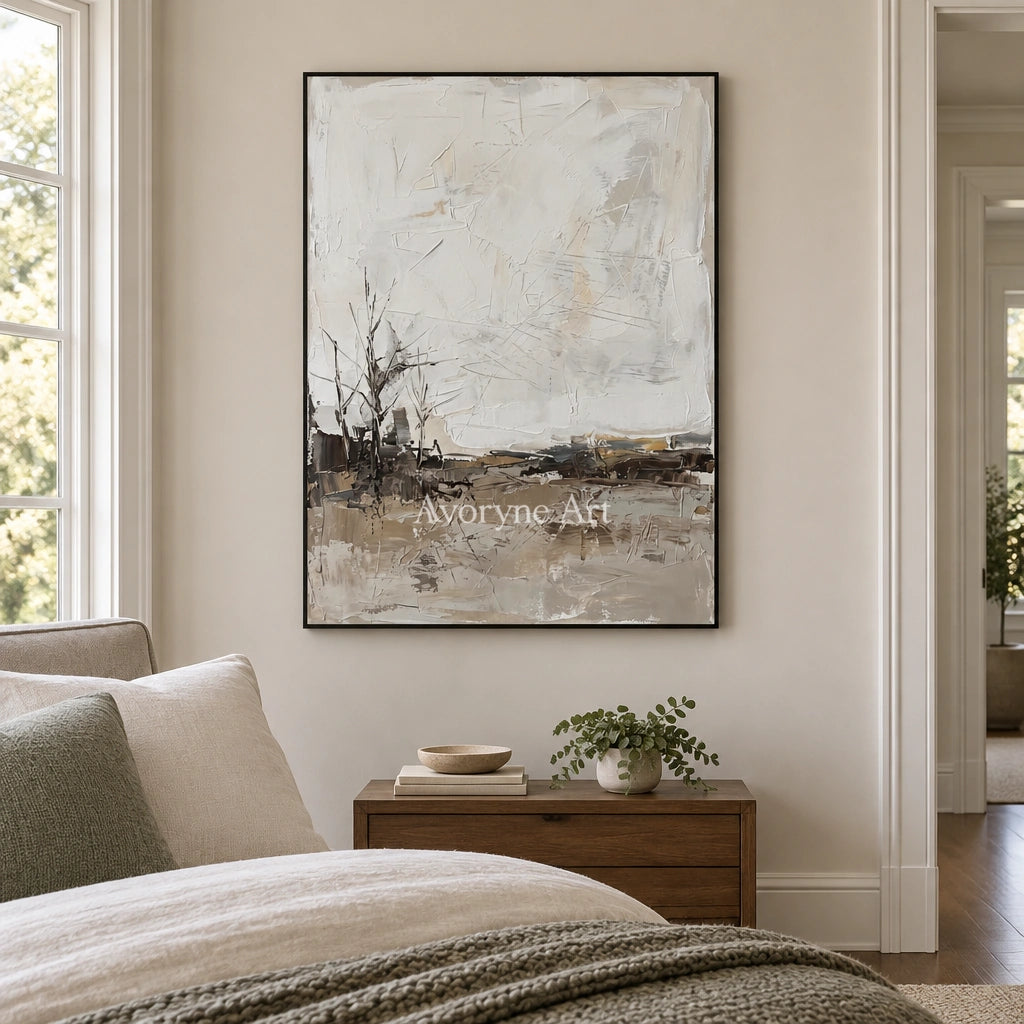 Winding Reverie earth tone landscape wall art with a black frame above a bed in a bedroom