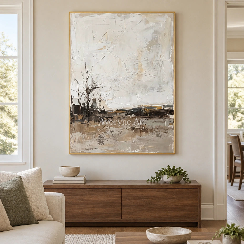 Winding Reverie earth tone landscape wall art with a gold frame hanging in a living room