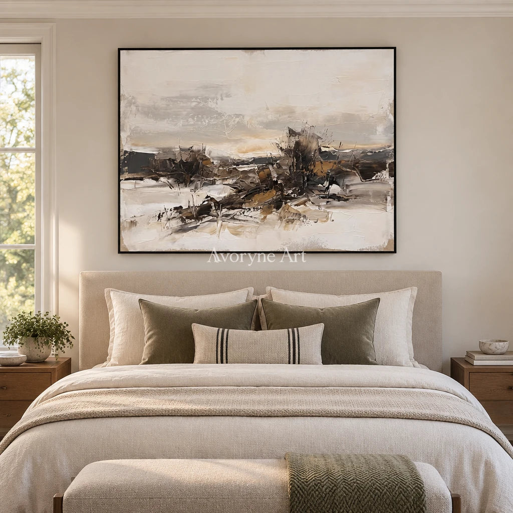 Winding Interval earth tone landscape wall art with a black frame above a bed in a bedroom