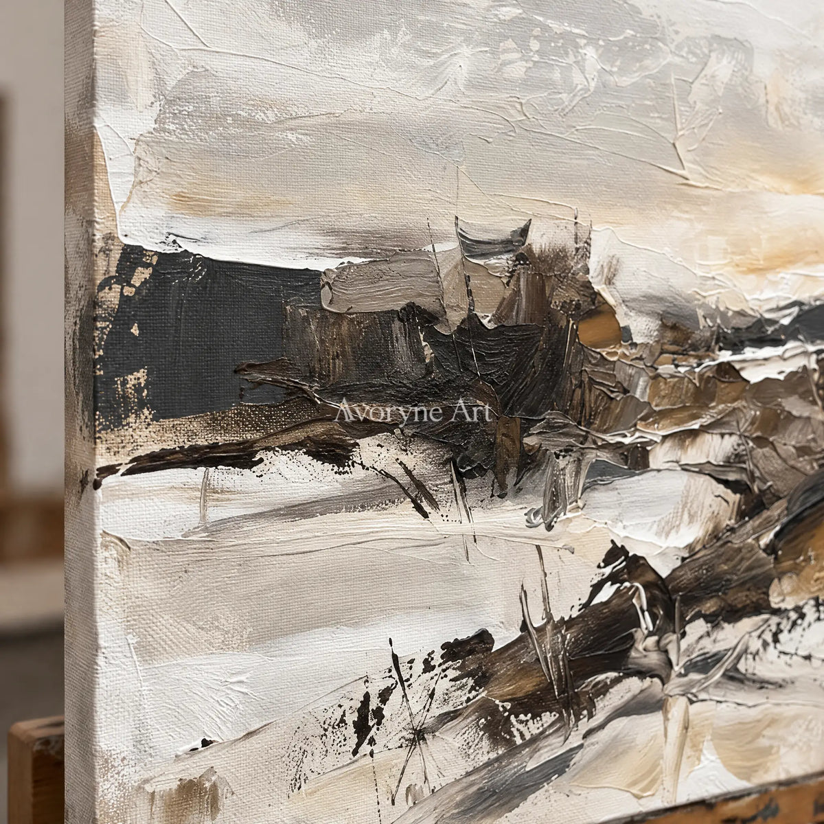 Close-up of the hand-painted texture of Winding Interval earth tone landscape wall art on an easel