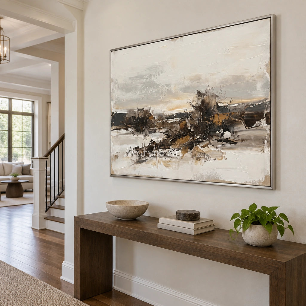 Winding Interval earth tone landscape wall art with a silver frame in an entryway