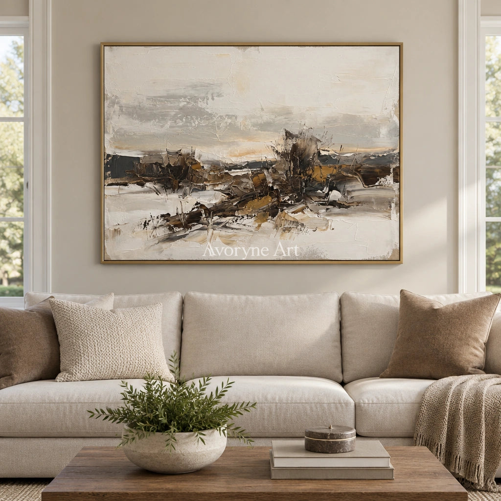 Winding Interval earth tone landscape wall art with a gold frame hanging in a living room