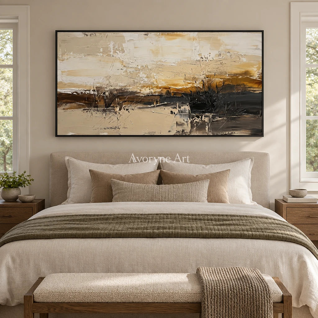 Winding Echo earth tone landscape wall art with a black frame above a bed in a bedroom