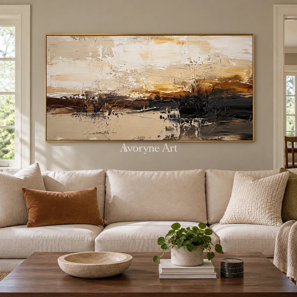 Winding Echo earth tone landscape wall art with a gold frame hanging in a living room