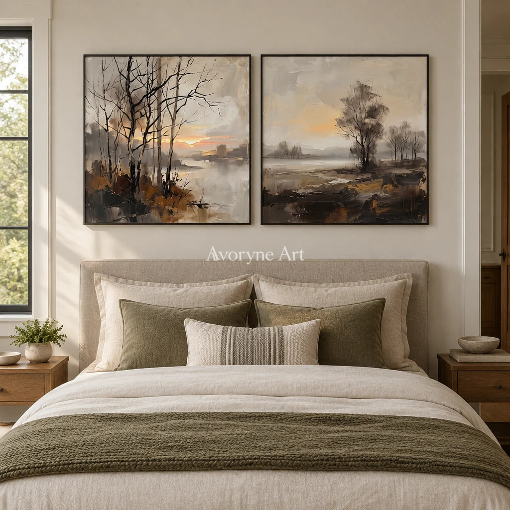 Bright Gesture earth tone landscape diptych with a black frame above a bed in a bedroom